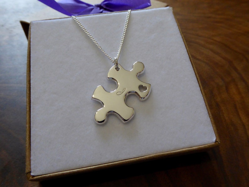 A Handmade Silver Puzzle Piece Pendant Necklace with Handcut Heart and Initial image 2