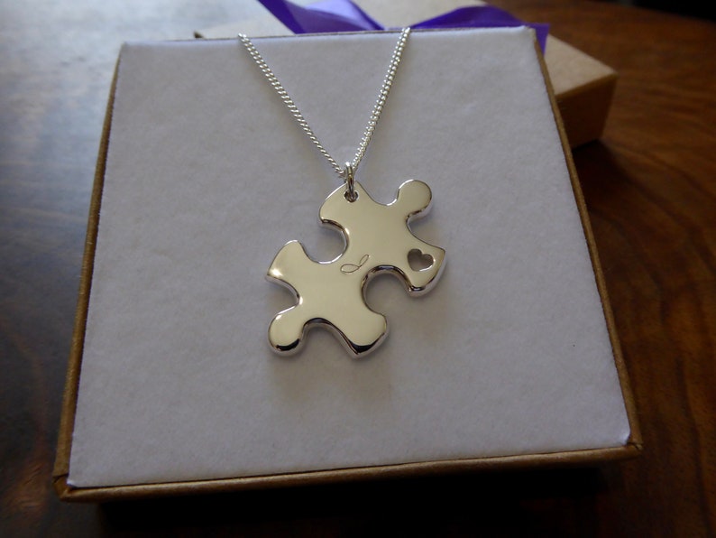 A Handmade Silver Puzzle Piece Pendant Necklace with Handcut Heart and Initial image 4