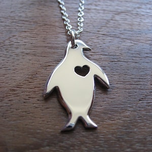 Silver Penguin Pendant - Handmade Penguin Necklace - Penguin with Heart Charm