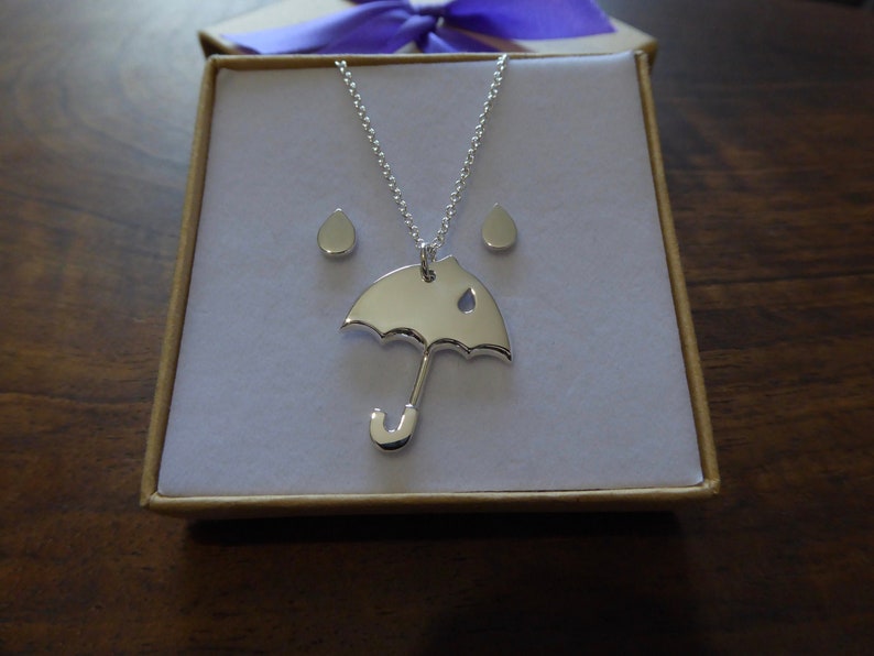 Silver Umbrella Necklace With Rain Earrings Etsy UK