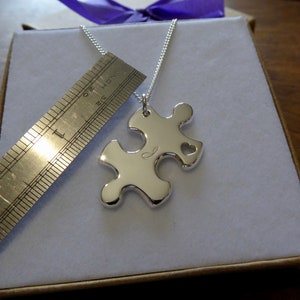 A Handmade Silver Puzzle Piece Pendant Necklace with Handcut Heart and Initial image 3