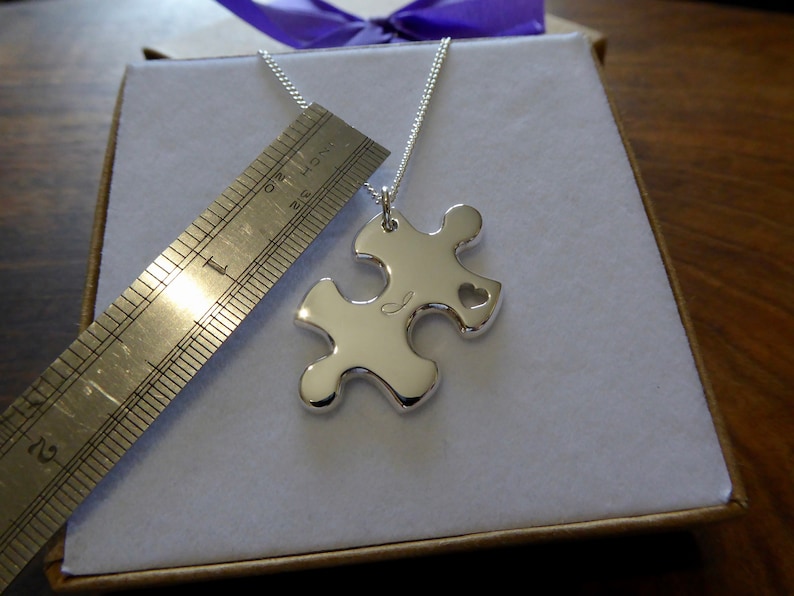 A Handmade Silver Puzzle Piece Pendant Necklace with Handcut Heart and Initial image 3