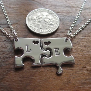 Two Miniature Personalised Edge Puzzle Pendant Necklaces