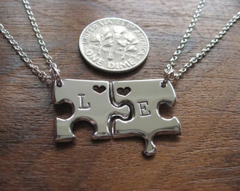 Two Miniature Personalised Edge Puzzle Pendant Necklaces