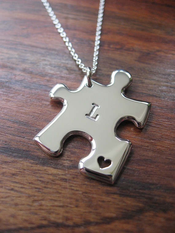 Personalised Silver Jigsaw Puzzle with Heart Pendant Necklace