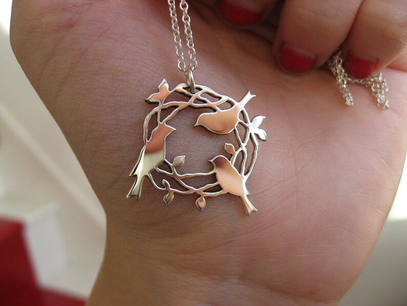 Silver Birds in Nest Pendant Necklace Handmade Birds Nest Etsy