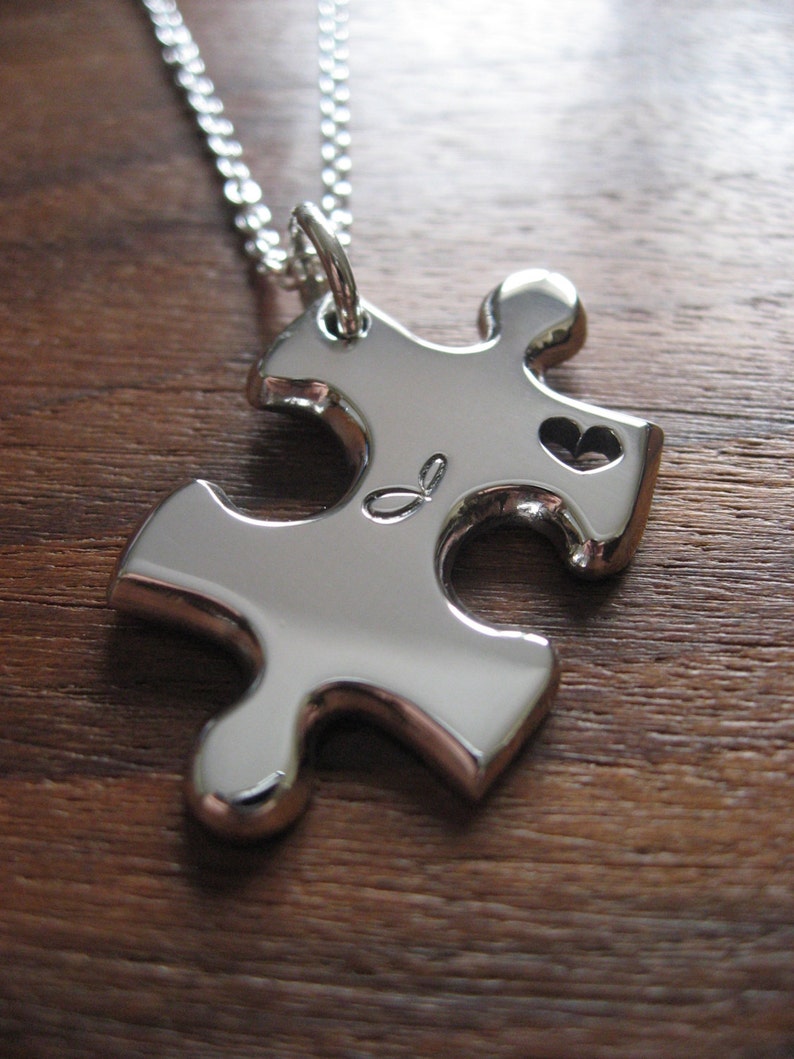 A Handmade Silver Puzzle Piece Pendant Necklace with Handcut Heart and Initial image 1