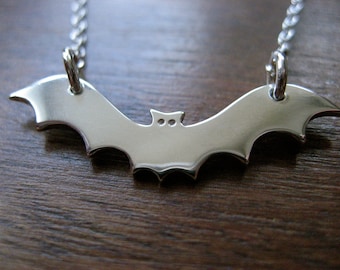Bat Pendant, Silver Halloween Bat Necklace