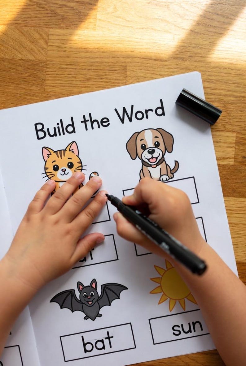 Phonics workbook for kids ages 4-6, CVC words printable, learn to read worksheet, kindergarten reading activities, word families practice