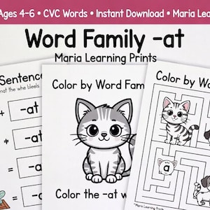 Phonics workbook for kids ages 4-6, CVC words printable, learn to read worksheet, kindergarten reading activities, word families practice