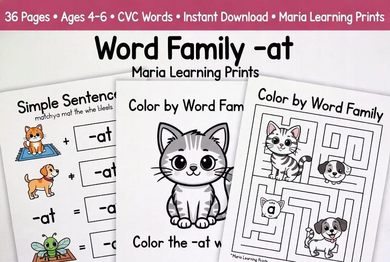 Phonics workbook for kids ages 4-6, CVC words printable, learn to read worksheet, kindergarten reading activities, word families practice