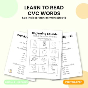 CVC words phonics workbook cover showing three worksheet pages for kids ages 4 to 6, including a beginning sounds matching activity with cat, dog, and other pictures, on a green and orange background