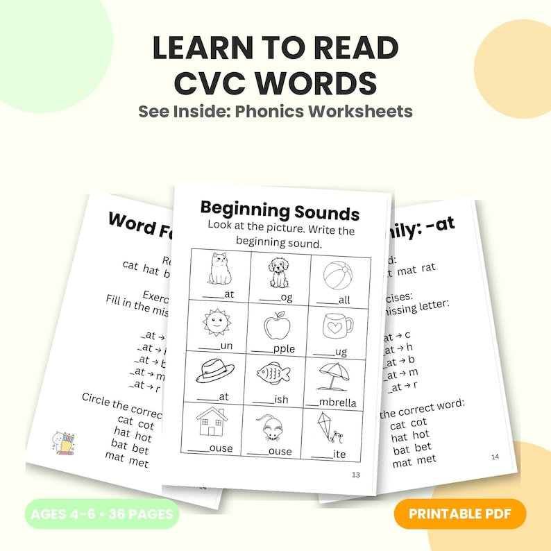 CVC words phonics workbook cover showing three worksheet pages for kids ages 4 to 6, including a beginning sounds matching activity with cat, dog, and other pictures, on a green and orange background