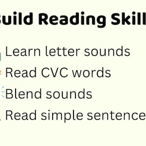 May include: Image with the text "Build Reading Skills". It includes illustrations of building blocks, books, a megaphone, and a pencil. The text lists learning objectives: Learn letter sounds, Read CVC words, Blend sounds, and Read simple sentences.