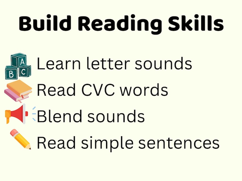 May include: Image with the text "Build Reading Skills". It includes illustrations of building blocks, books, a megaphone, and a pencil. The text lists learning objectives: Learn letter sounds, Read CVC words, Blend sounds, and Read simple sentences.