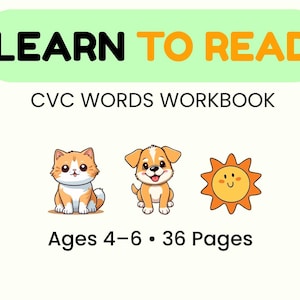 Phonics workbook for kids ages 4-6, CVC words printable, learn to read worksheet, kindergarten reading activities, word families practice