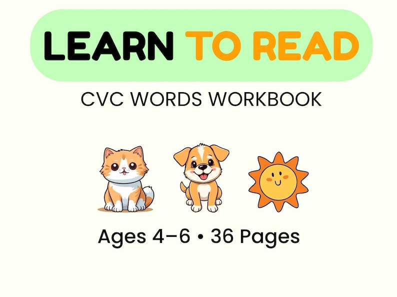 Phonics workbook for kids ages 4-6, CVC words printable, learn to read worksheet, kindergarten reading activities, word families practice