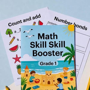 May include: A colorful Grade 1 "Math Skill Booster" workbook with a beach scene illustration. The cover features children building sandcastles, palm trees, and the text "Word Problem." Worksheets with math problems and crayons are also visible.