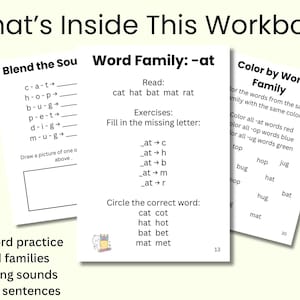 May include: Educational workbook pages with CVC word practice, word families, blending sounds, and simple sentences. The pages include exercises like filling in missing letters and circling correct words. The workbook is designed for early learners.