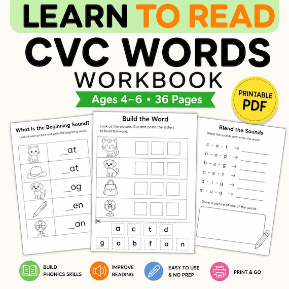 Phonics Workbook for Kids Ages 4–6 | CVC Words Practice | Learn to Read Printable | Kindergarten Reading Activities | Word Families