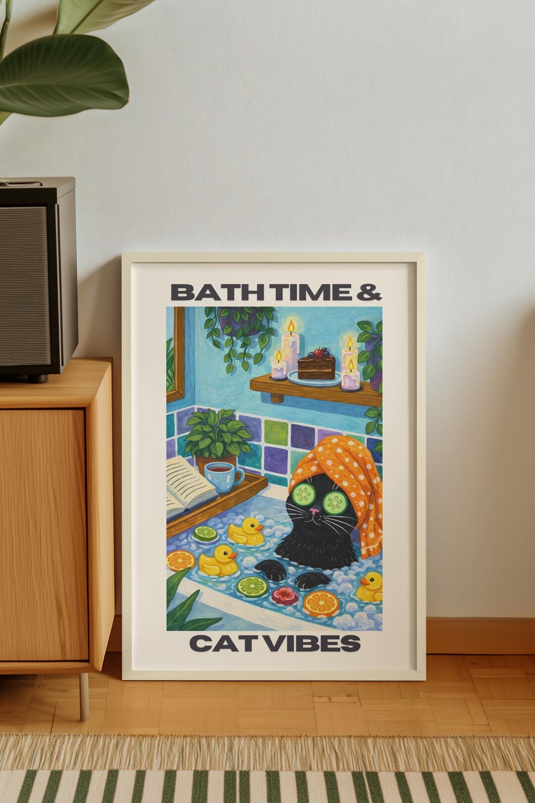 Digital Cute Bathroom Cat Poster | Matte Vertical Cat Lover Wall Art ...