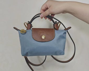 Longchamp Style Le Pliage Mini Bag with Crossbody Strap, Gray Blue Nylon Leather Trim Tote, Perfect Gift for Her, Bridesmaid Everyday Purse