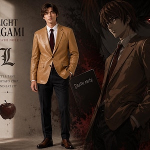 Puede incluir: Un blazer de cuero beige usado con una camisa blanca de cuello, una corbata roja oscura y pantalones negros. La imagen incluye el texto LIGHT YAGAMI, DEATH NOTE y I'LL TAKE A POTATO CHIP... AND EAT IT!, junto a una ilustración de una manzana.