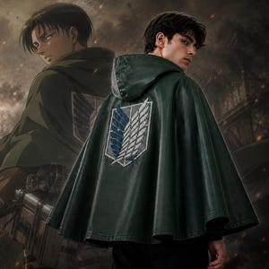 May include: A dark green hooded cloak with a white and blue emblem on the back. The cloak is worn by a person, with an animated character in the background. The background shows a city in ruins.