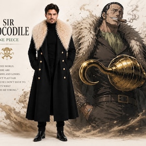 Könnte beinhalten: Ein schwarzer langer Mantel mit großem beigefarbenem Kunstfellkragen und doppelreihigen goldenen Knöpfen. Der Mantel wird über einem schwarzen Rollkragenpullover und einer schwarzen Hose getragen. Links steht SIR CROCODILE ONE PIECE und ein Zitat.