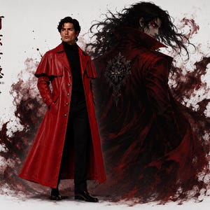 Könnte beinhalten: Ein Mann in einem langen, roten Ledermantel und schwarzem Rollkragenpullover steht neben einer stilisierten Illustration eines Vampirs. Die Illustration zeigt eine dunkelhaarige Figur in einem roten Mantel mit einem Kreuzemblem. Das Bild hat den Text "ALUCARD" und japanische Schriftzeichen.
