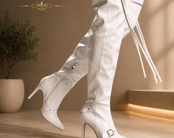 Weiße Overknee-Stiefel für Damen, spitze Stiletto-Stiefel, Stiefel zum Hineinschlüpfen mit hohem Absatz, modische Retro-Stiefel