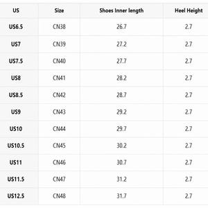 May include: A black and white sizing chart table for footwear, featuring columns for US size, CN size, shoes inner length, and heel height. The table lists US sizes from 6.5 to 12.5, corresponding CN sizes from 38 to 48, and a constant heel height of 2.7.