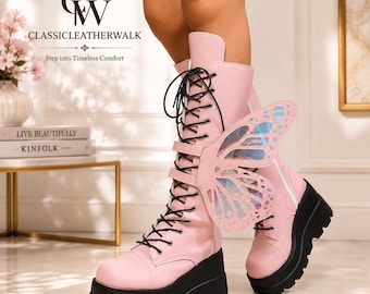 Pinkfarbene Damen-Kniestiefel aus PU-Leder, klobige Schnürstiefel mit Absatz, runde Zehenpartie im Y2K-Stil, Plateau-Schuhe für Herbst und Winter