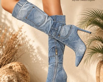 Overknee-Stiefel für Damen, spitze Stiefel mit hohem Absatz, modische Stiefel im Used-Look, elegante Statement-Stiefel