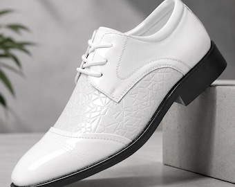 Men's White Patent Leather Dress Shoes | Embossed British Oxford Shoes | Formal Wedding Groom Lace-Up Shoes | Business Office Footwear