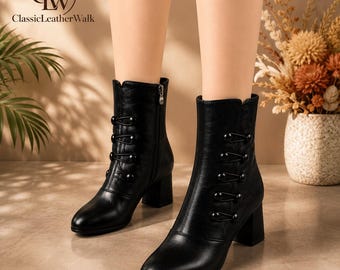 Stiefeletten mit Blockabsatz für Damen, Stiefeletten mit seitlichem Reißverschluss, warme Winterstiefel, bequeme und modische Stiefel, gefütterte Schuhe