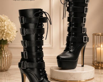 Plateau-Schnürstiefel für Damen, Y2K-Stiefeletten mit hohem Absatz, klobige Plateau-Clubstiefel, sexy Ausgehschuhe, Retro-Mode der 2000er