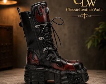 Gothic-Plateau-Stiefel für Damen, Punk-Flammen-Bikerstiefel bis zur Wade, Kampfstiefel mit klobiger Sohle, Alternative Grunge Y2K-Schuhe