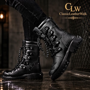 May include: Black leather boots with a textured finish, featuring multiple side buckles, laces, and a thick lug sole. The boots display the text CLW ClassicLeatherWalk in the upper right corner. The design includes metallic accents and studs.