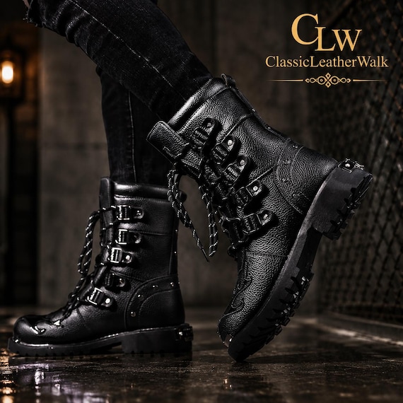 Men's Studded Combat Boots, Buckle Leather Biker Boots, Punk Military Ankle Boots, Rugged Lace-Up Streetwear Shoes,
