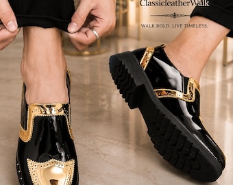 Men's Black Faux Leather Dress Shoes, Gold Tone Lace-Up Wedding Shoes, Shiny Oxford Business Shoes, Formal Groom Shoes