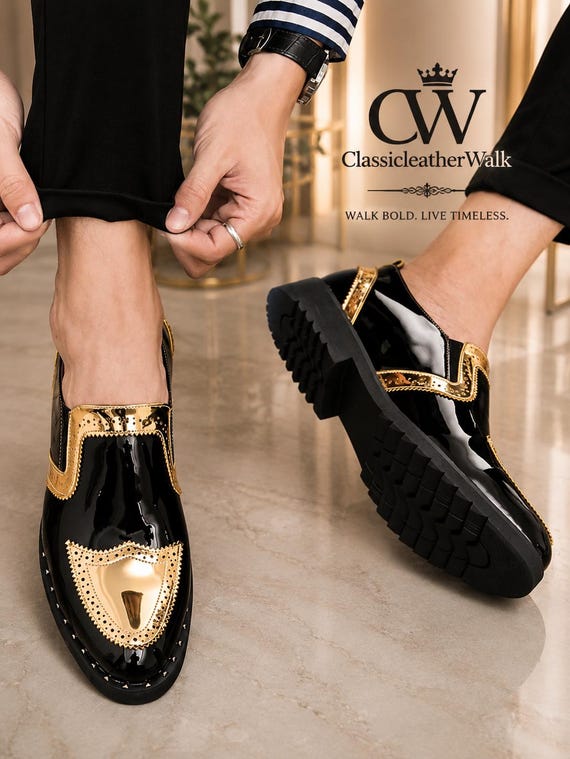 Men's Black Faux Leather Dress Shoes, Gold Tone Lace-Up Wedding Shoes, Shiny Oxford Business Shoes, Formal Groom Shoes