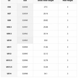 May include: A white sizing chart table with black text listing US shoe sizes from 6 to 14, corresponding EUR sizes from 38 to 48, inner shoe lengths ranging from 27.5 to 34.1, and a consistent heel height of 3. Includes a disclaimer about manual measurement.