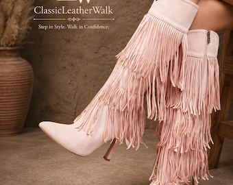 Pinke Damen-Kniestiefel, spitze Stiefel mit Stilettoabsatz, hohe Stiefel mit Quasten und seitlichem Reißverschluss, modische Y2K-Partyschuhe
