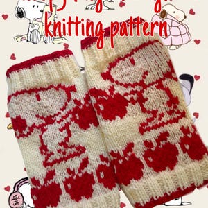 May include: Cream-colored fingerless gloves with a red Snoopy design and trim. The words "snoopy fingerless gloves knitting pattern" are written in red. The background features Snoopy illustrations and red hearts.