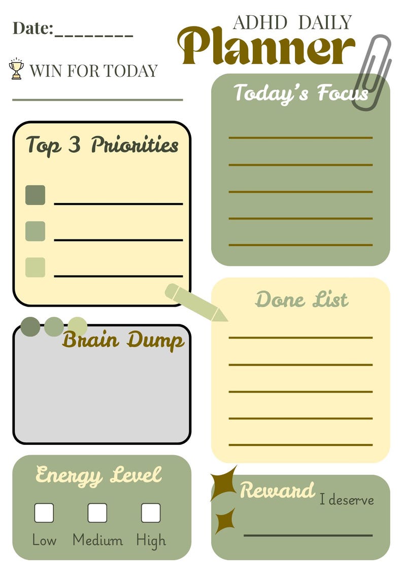ADHD Daily Planner Printable | 1 Page Minimal Planner | Neurodivergent ...