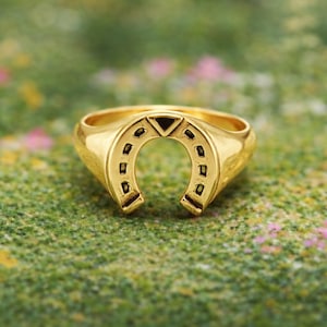 May include: A gold-colored ring with a horseshoe design. The ring features a horseshoe shape with small rectangular cutouts and a triangular accent at the top. The ring is set against a blurred green and pink background.
