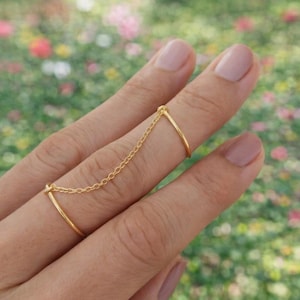 Cadena de doble anillo de oro, conjunto de anillos entrelazados, anillo minimalista para la mano, joyería delicada para los dedos, anillo midi ajustable, regalo bohemio de capas para ella.