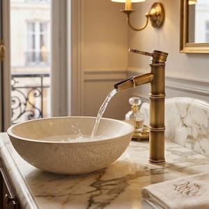 Può includere: Un rubinetto in ottone in stile bambù con acqua che scorre in un lavabo in pietra strutturata bianco sporco. Il lavabo è su un piano di lavoro in marmo. Una lampada da parete illuminata e una finestra sono visibili.