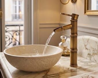 Brass Vessel Sink Faucet Waterfall Bamboo Vanity Antique Bath Fixture Single Handle Deck Mount